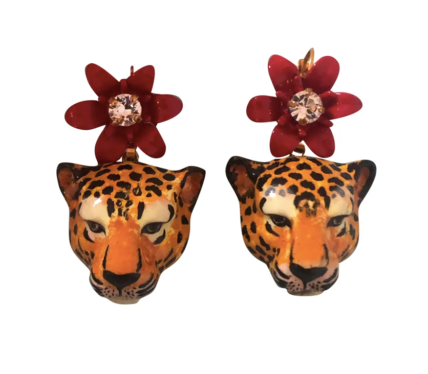 Dolce&Gabbana Tiger Earrings with Red Flower