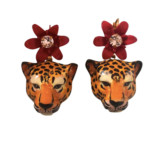 Dolce&Gabbana Tiger Earrings with Red Flower